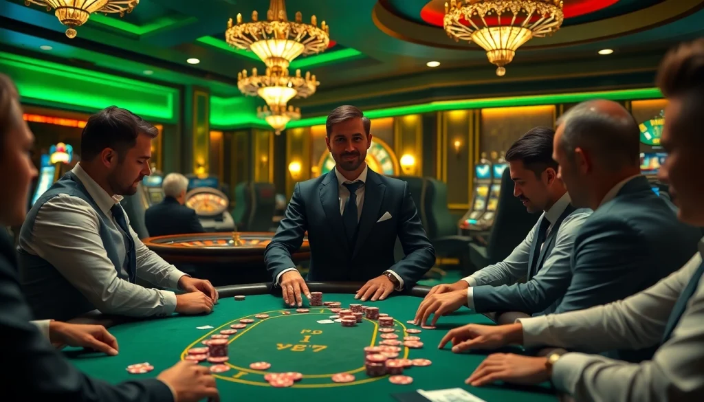Players immersed in an exciting poker game at plus777 casino, showcasing vibrant chips and cards.