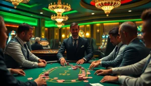 Players immersed in an exciting poker game at plus777 casino, showcasing vibrant chips and cards.