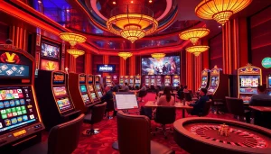 Experience the thrill of MM88 with vibrant casino scenes showcasing cards, chips, and slot machines.