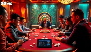 Experience the thrill of winning with 98win at a vibrant casino poker table.