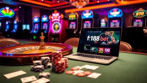 Experience excitement and luxury with f168 bet at a modern casino table featuring poker chips and cards.