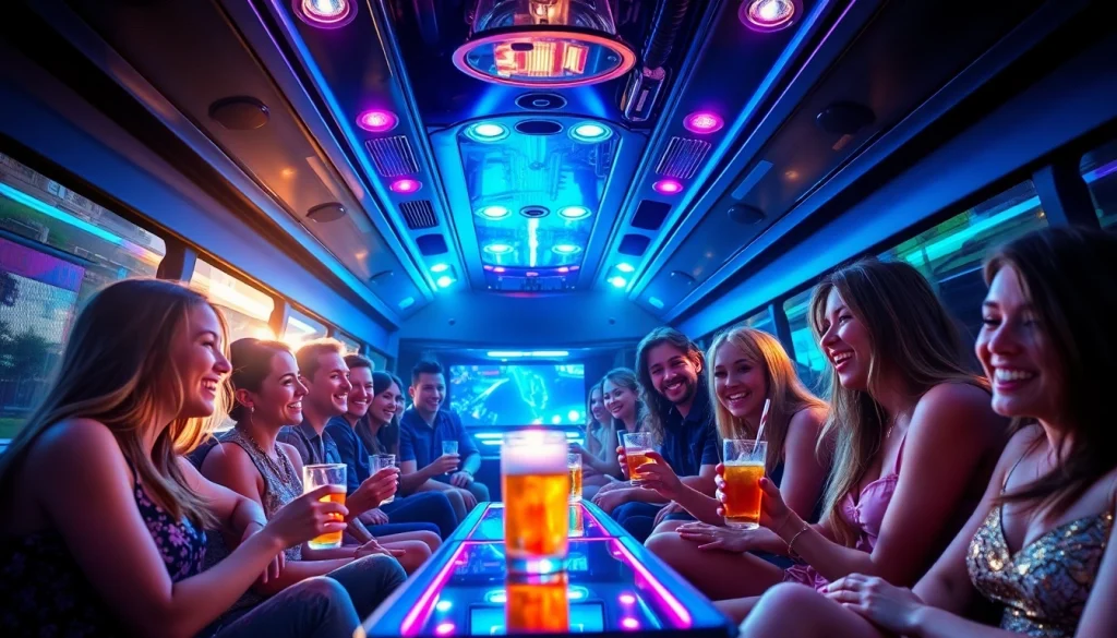 Party-Bus.co.uk's luxury interior with partygoers enjoying a vibrant celebration inside a modern party bus.