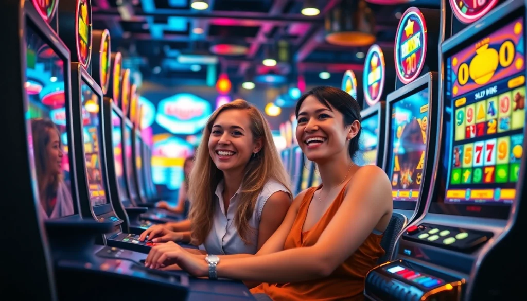 Permainan slot menarik pada bolaslot21, menunjukkan kegembiraan pemain dan suasana kasino yang ceria.