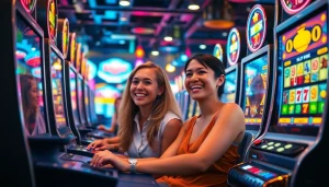 Permainan slot menarik pada bolaslot21, menunjukkan kegembiraan pemain dan suasana kasino yang ceria.