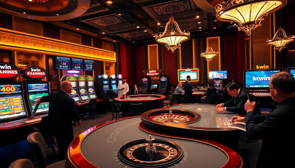 Kwin offers an electrifying casino experience with players engaging at vibrant gaming tables.