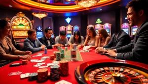 Playing exciting casino games at https://hm88.bike/ with vibrant tables, chips, and slot machines.