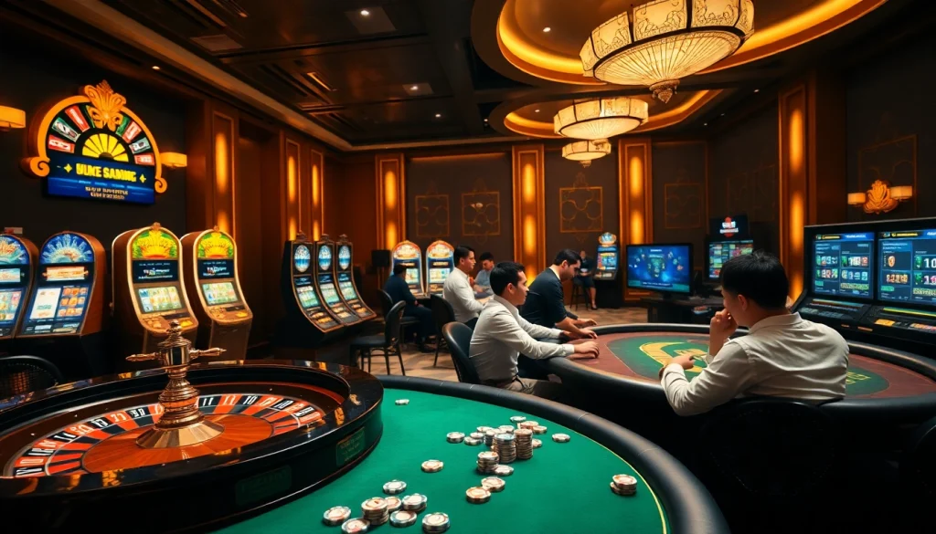 Experience rr88 đăng nhập with a luxurious online casino atmosphere featuring poker tables and slot machines.