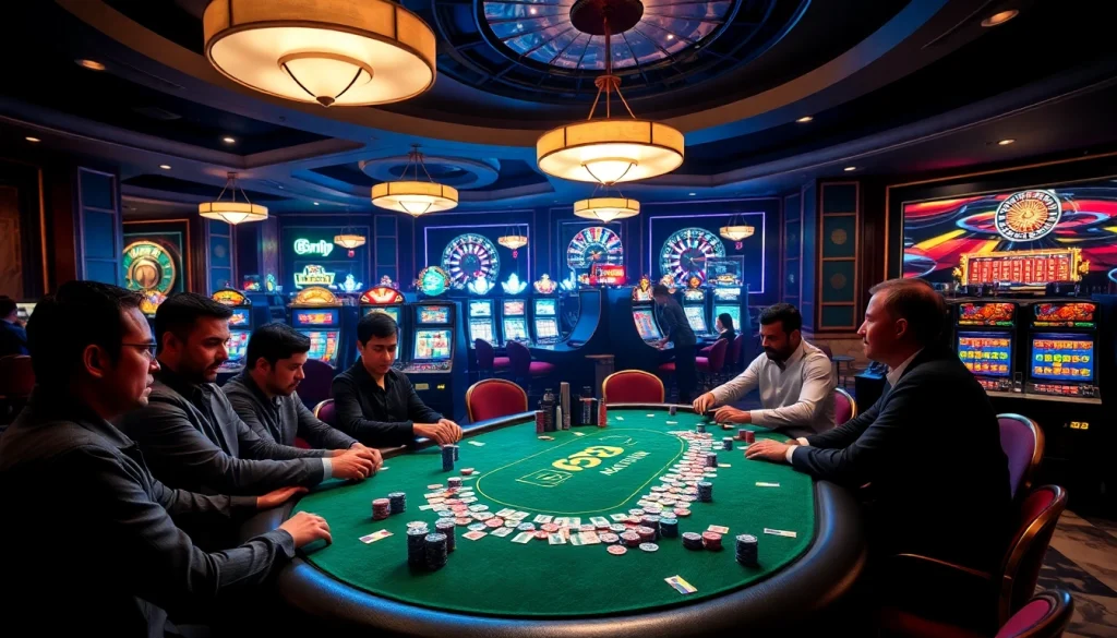 Players engage at a stylish poker table, showcasing the vibrant 68VIP casino experience.