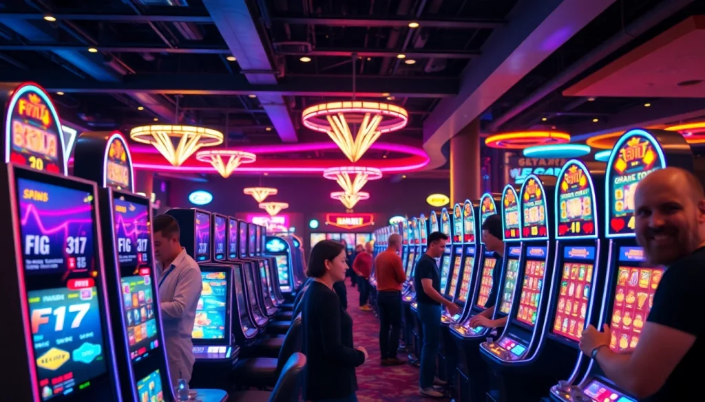 Engaging players at F17 slot machines create excitement in a vibrant casino atmosphere.