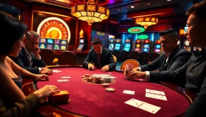 Experience a thrilling moment at an 8kbet casino table featuring elegant poker gameplay and vibrant slot machines.