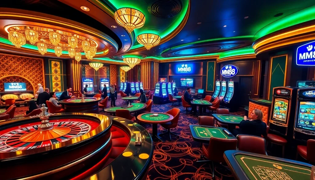 Engaged players at MM88's casino tables experiencing vibrant gaming excitement.