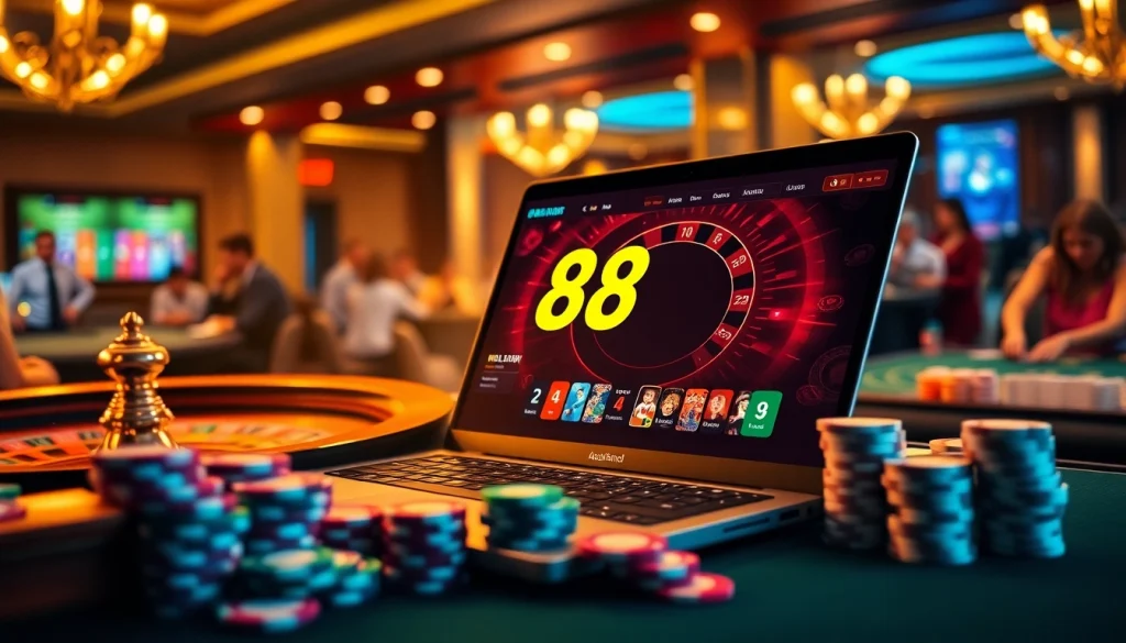Experience the thrill of BK8 เว็บตรง with vibrant casino action featuring poker chips, cards, and roulette.