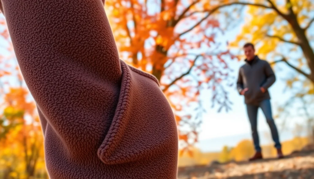 Fleecejackets in de natuur met herfstbladeren als achtergrond.