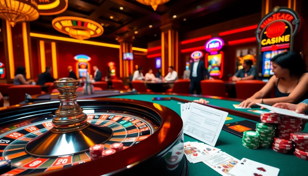 Mu88 Casino scene featuring a stylish roulette wheel and vibrant poker chips in a luxurious environment.
