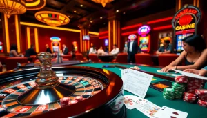 Mu88 Casino scene featuring a stylish roulette wheel and vibrant poker chips in a luxurious environment.