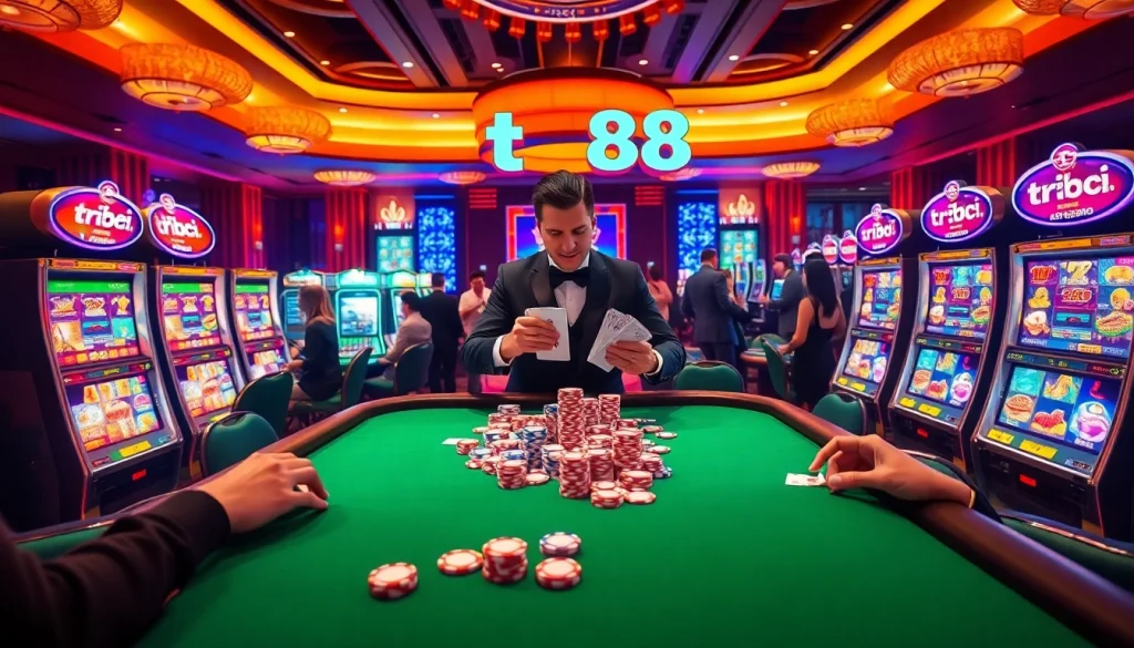 Experience the thrilling action of tr88 at a luxurious casino poker table with vibrant chips and a live dealer.
