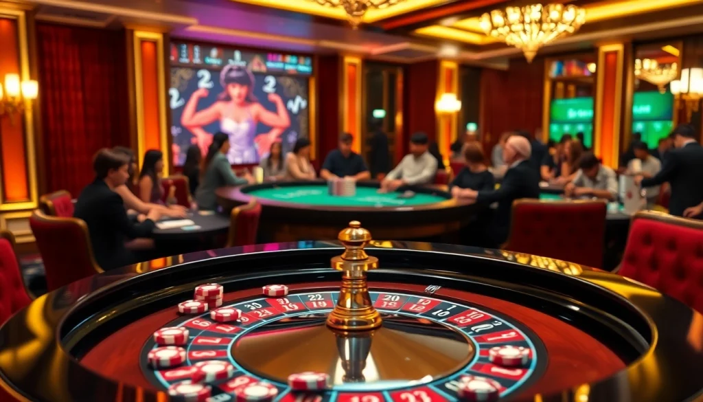 Engaged players enjoying a luxurious casino atmosphere at Trang chủ Fc88 with roulette and digital betting options.