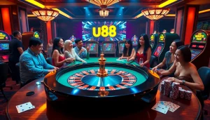 uu88 players celebrating wins at an upscale casino table with vibrant gaming elements.