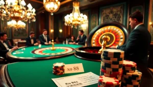 Action-packed casino scene featuring high-stakes players engaging with poker chips and a betting slip marked 'xo 88'.