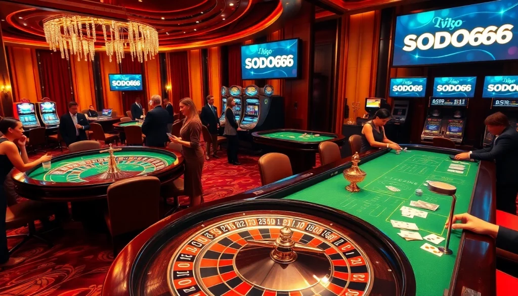 Exciting gambling action at SODO66 casino with vibrant tables and engaging players.