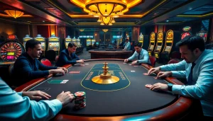 SODO online casino players enjoying a thrilling gaming experience with vibrant roulette and poker tables.