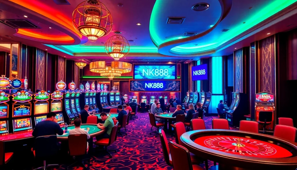 Players enjoying the thrilling experience at NK888 casino, showcasing vibrant gaming tables and slot machines.