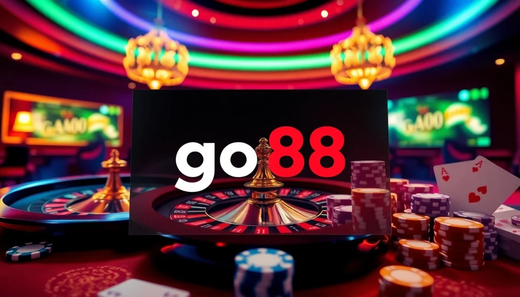 Experience thrilling gaming at go88 with poker chips, cards, and a roulette wheel.