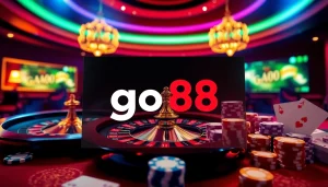 Experience thrilling gaming at go88 with poker chips, cards, and a roulette wheel.