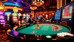 Experience thrilling casino action at bet88 with vibrant slot machines and an exciting roulette table.