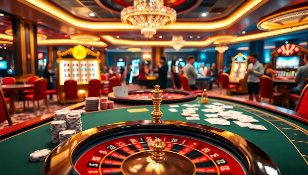 Exciting gameplay at 789club casino with vibrant poker tables and spinning roulette wheels.