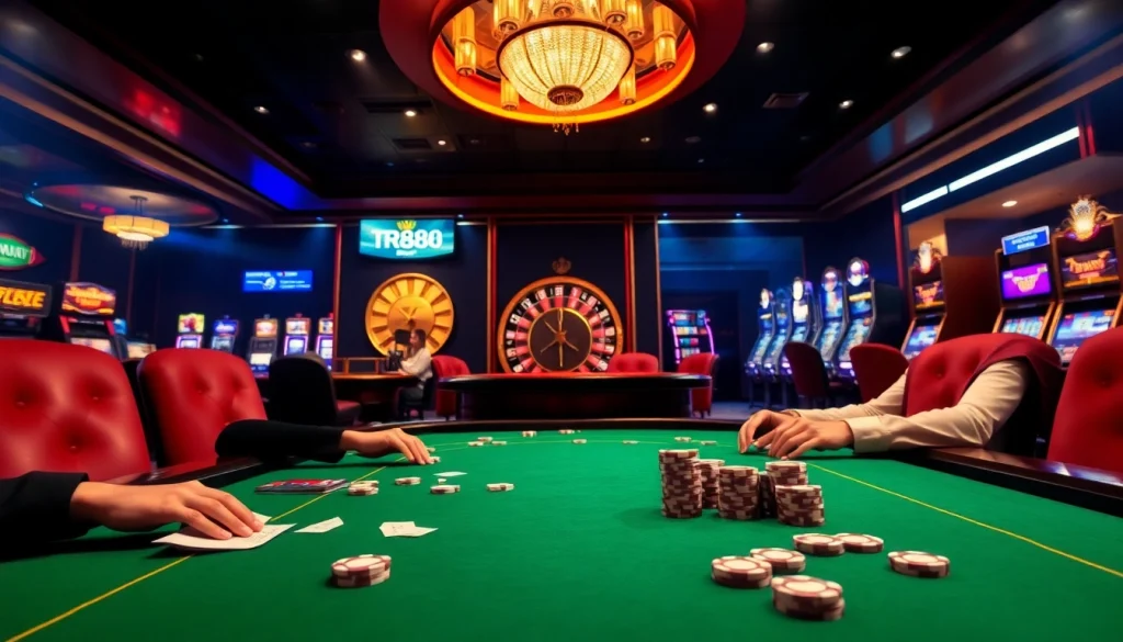 High-stakes poker table scene showcasing tr88 online gambling excitement with chips and cards.