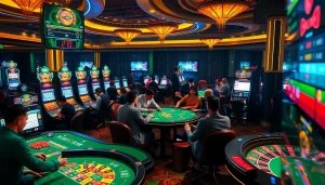 SODO Casino ambiance with excited players at vibrant gaming tables and illuminated slot machines.