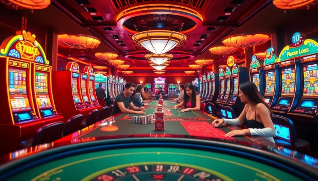 Engaging gamblers enjoying slot machines and poker at 99ok.co.im's luxurious casino scene.