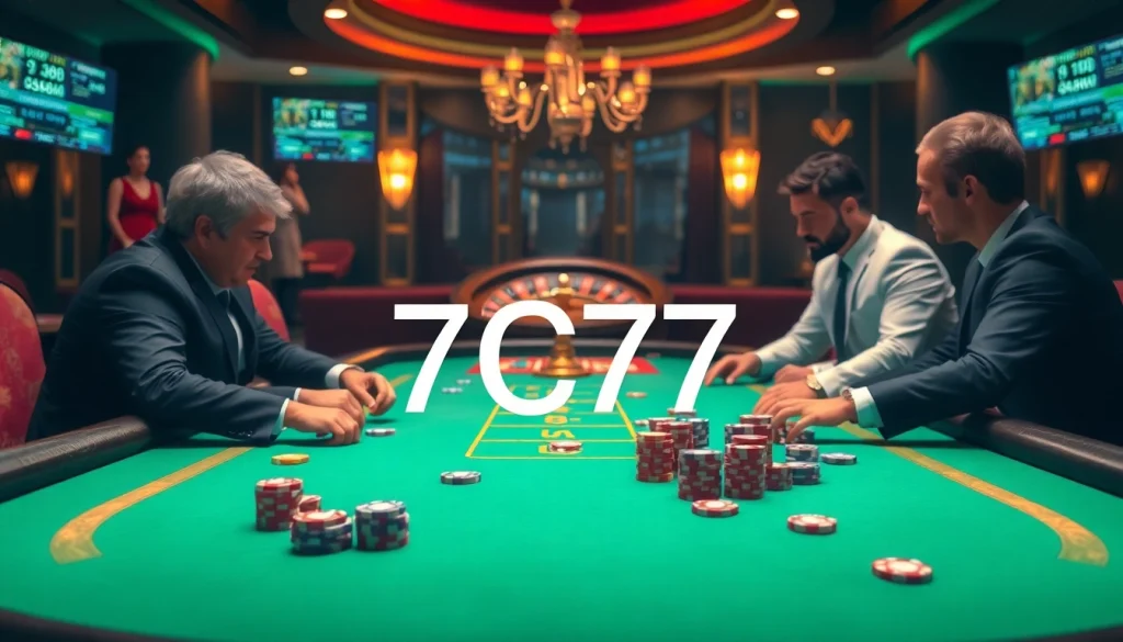 Players enjoying the excitement of 7C77 online casino games with vibrant poker chips.