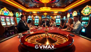 Exciting casino poker scene with VMAX branding showcasing professional gamblers.