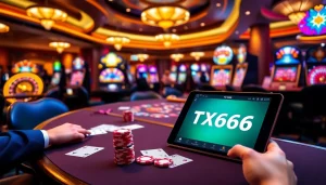 Engaged players at a TX666 poker table amid a vibrant casino atmosphere.