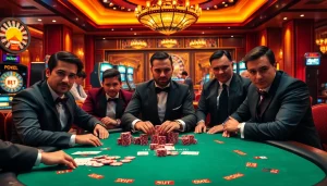 Engaged gamblers playing poker at a luxury casino showcasing https://rr88a.us.com/ with chips and cards.