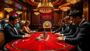 Exciting 8kbet poker game scene with elegant players and vibrant casino atmosphere.