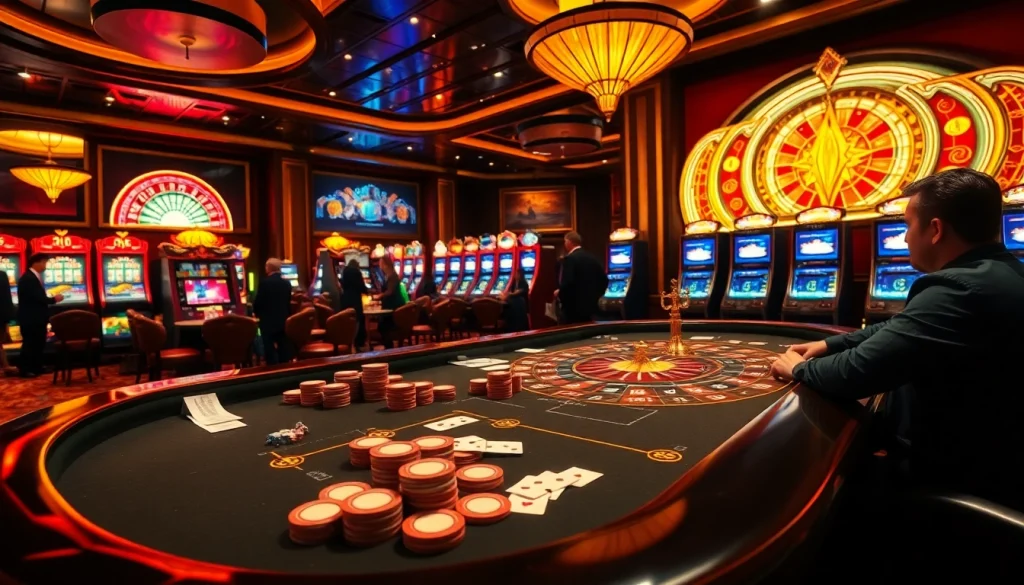 Players enjoying high-stakes poker and roulette at vip66 online casino, surrounded by vibrant lights and excitement.