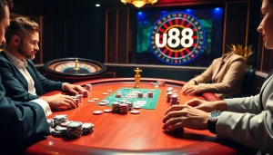 Engaging poker players at a luxurious table full of chips and cards at uu88 casino.