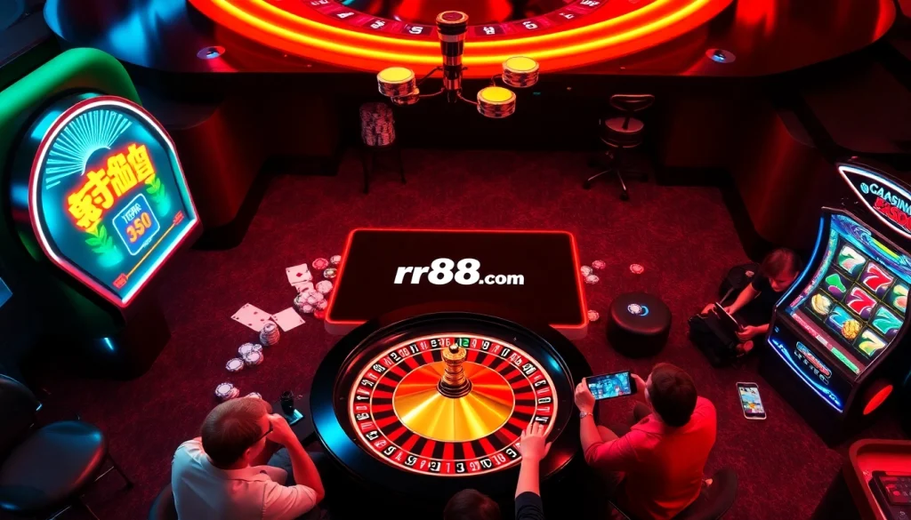 Players engaging with rr88wang.com in an exciting online gambling scene featuring cards, chips, and a digital roulette wheel.