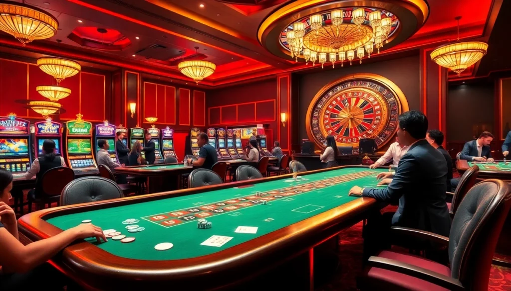 Gamblers enjoying the thrill of cm88 in a vibrant, luxurious casino atmosphere with poker tables and slot machines.