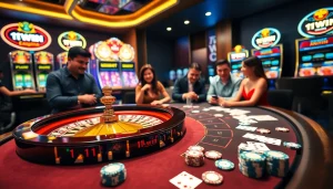 Players enjoying a thrilling moment at the 11WIN casino table with vibrant poker chips and cards.