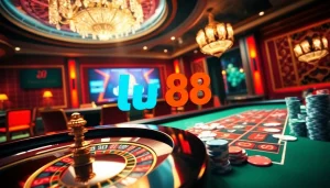 Engage with professional gaming at the lu88 casino featuring a vibrant poker table and roulette wheel.