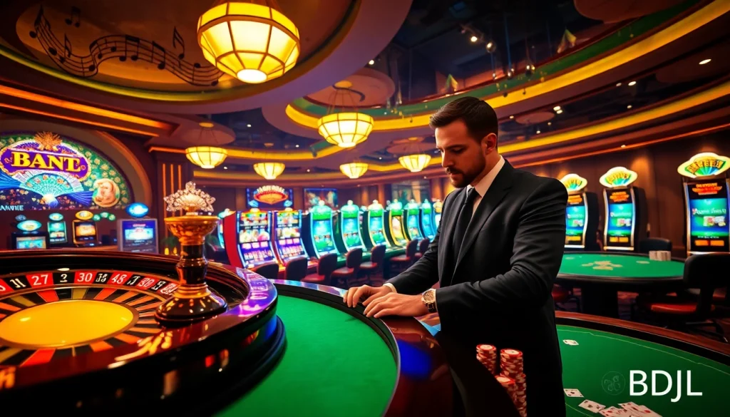 BDJL players enjoying a vibrant casino scene with roulette wheels and poker tables, highlighting excitement.