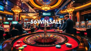 Experience the thrill of 56WIN.SALE at a luxurious casino, featuring vibrant roulette and engaging players.