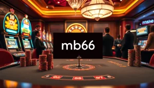 Players at a poker table in a luxurious casino environment showcasing mb66 gambling excitement.