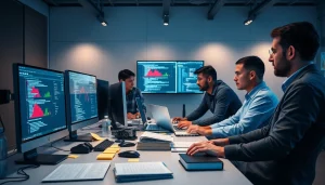 Software engineering team collaborating with code on multiple screens.