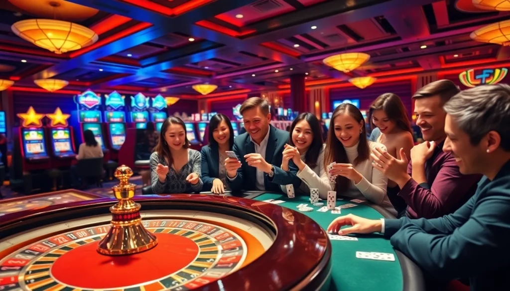 Experience excitement at Fly88's table games with engaging players and vibrant casino visuals.