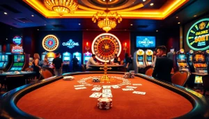 Engage in thrilling casino action with lc88, showcasing an elegant blackjack table and vibrant roulette wheel.